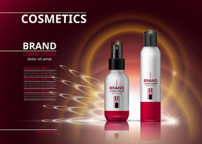 美容抗衰老霜廣告?；瘖y品包裝設(shè)計(jì)。3d 矢量美圖。保濕面膜霜玻璃瓶上閃閃發(fā)光的液體背景與水泡沫。產(chǎn)品包模擬